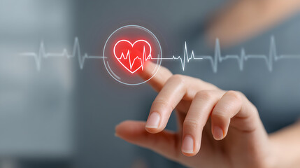 A finger interacts with a digital heart icon and ECG waveform, symbolizing health monitoring, technology, and the connection between touch and vital signs.