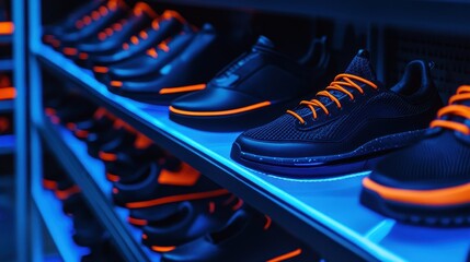Sleek black athletic shoes with vibrant orange accents displayed on illuminated shelves in a store