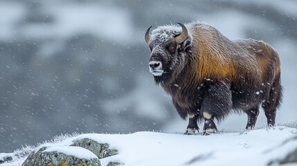 Naklejka premium Majestic European Bison in a Winter Wonderland