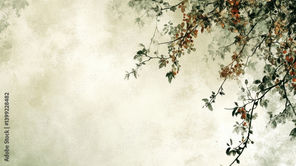 Poster a tree branch with leaves and a white background. the branch is in the middle of the image and the l