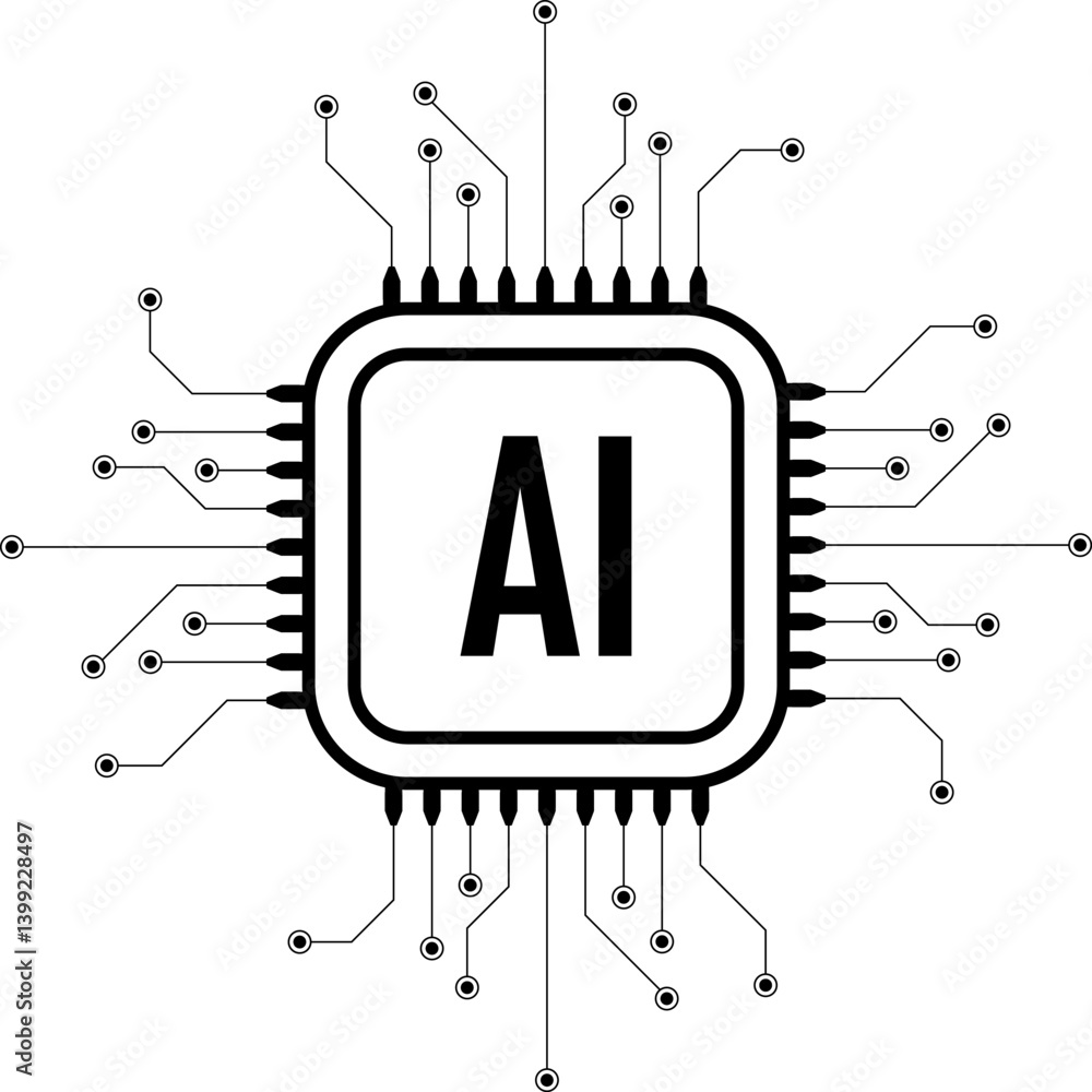 Poster micro chip processor with artificial intelligence ai. cpu circuit board technology isolated on white