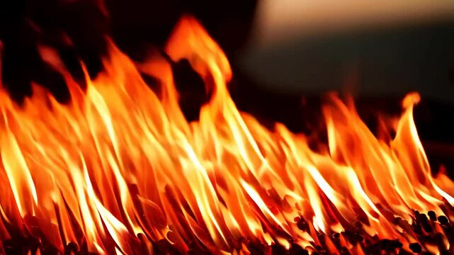 Intense flames dancing over a bed of glowing embers in a darkened setting, creating a warm ambiance