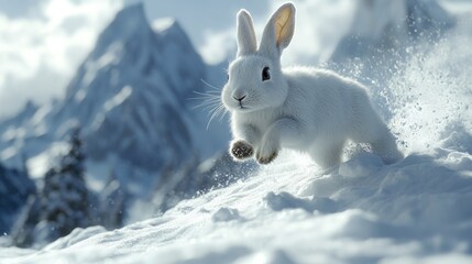 White Rabbit Leaping Through Snowy Mountain Landscape