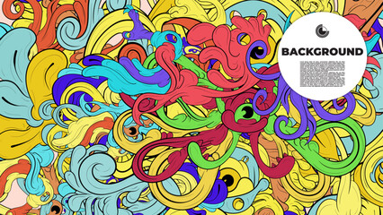 Playful Cartoon Monster Character with Tentacles, Eyes, Feathers, and Leaves – Fun Fantasy Wallpaper Design