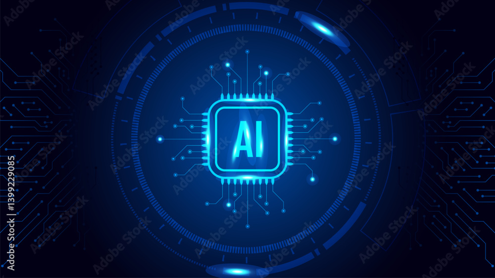 Poster artificial intelligence futuristic microchip cpu circuit board blue light background. micro chip lin