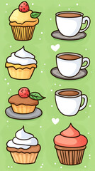 A series of cartoon cupcakes and coffee cups with hearts on them. The cupcakes are decorated with frosting and sprinkles, and the coffee cups are white with a handle. Scene is cheerful and playful