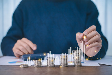 Growth coin and chart. The concept of investing in an index fund, increasing interest rate, finance...