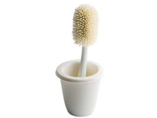 A close-up of a white toilet brush in a holder, showcasing its bristles, with a clean bathroom background ideal for cleaning supplies