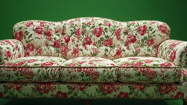 Floral Sofa: A close-up shot of a comfortable floral sofa with a botanical pattern against a vibrant green backdrop, offering a sense of comfort and elegance.