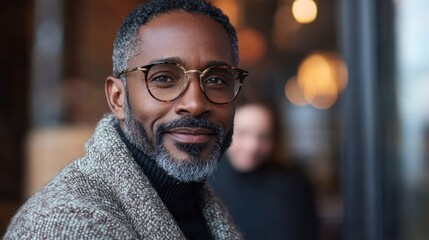 Smiling man in glasses, cafe setting, blurred background