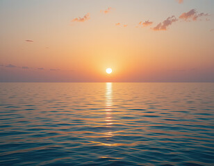 Obraz premium Minimal ocean sunset horizon with clear sky and warm sunlight reflection on calm water surface, peaceful tranquil seascape perfect for meditation and relaxation themes.