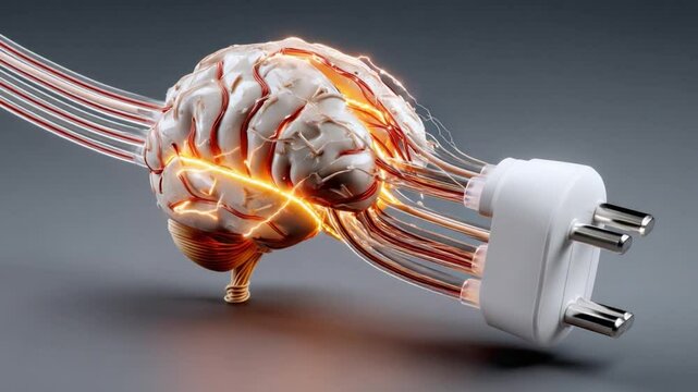Brain Power Connection: A conceptual image of a brain connected to a plug, symbolizing intelligence, power, and ideas. Harnessing innovation and knowledge, with a focus on technology.