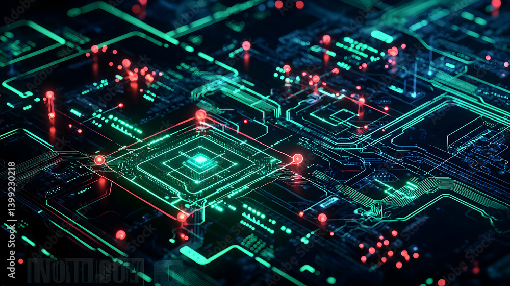 Poster abstract circuit board design with glowing lines and red points