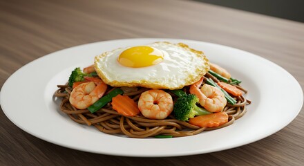 A serving of Mie Goreng, stir-fried noodles with shrimp, egg, and vegetables, placed neatly on a white plate