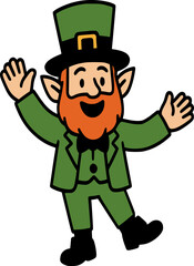 A cheerful and vibrant St. Patrick's Day-themed illustration in a cute, kawaii style. The main character is a smiling leprechaun with a red beard, dressed in a green suit and top hat, surrounded by sh