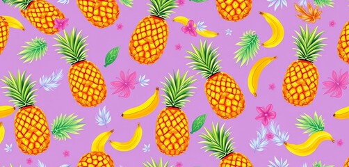 Vibrant pineapple & banana seamless patterns Tropical fruit designs ideal for Hawaiian shirts, wrapping paper, and textiles, banana, food
