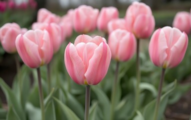 Fototapeta premium Beautiful Pink Tulips Spring Flowers Blossom Garden