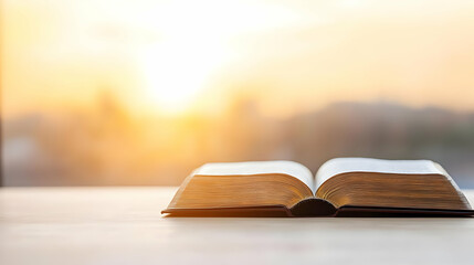 Open Book On Table With Sunrise View