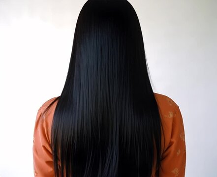 Elegant woman with long black hair. Minimalist portrait of sleek shiny hair. Orange floral garment with dark hair contrast.