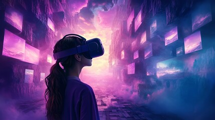 Fototapeta premium Young woman exploring a vibrant virtual reality landscape with captivating colors.