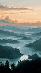Fototapeta premium Serene morning mist over rolling hills and a tranquil river landscape.