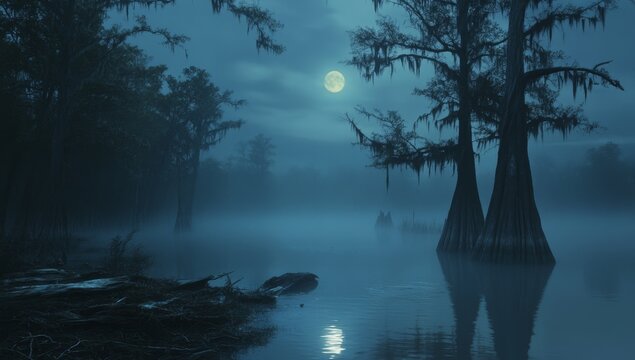 Misty swamp at night under a full moon. Lush, dark, serene, mysterious scene
