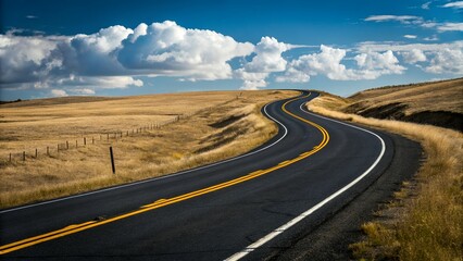 Winding Road Through Dry Hills Cloudy Sky