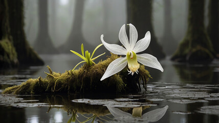 Ghost Orchid in Swamp Fog. Dendrophylax lindenii in full bloom.