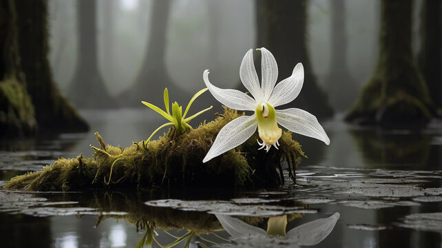 Ghost Orchid in Swamp Fog. Dendrophylax lindenii in full bloom.