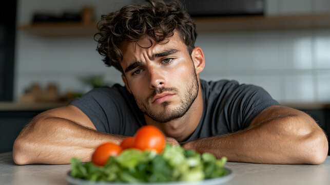 Pensive Young Man Looking at a Salad with Tomatoes