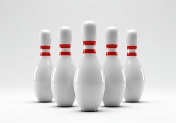 A group of five bowling pins standing in a row on a white surface with a white background behind them