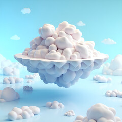 Surreal 3D floating island made of geometric shapes, low-poly terrain, soft ambient lighting, blue sky background, no people, dreamy and clean style, suitable for digital art market high quality