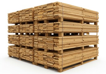 A stack of wooden planks on pallets showing the wood grain and texture against a white background