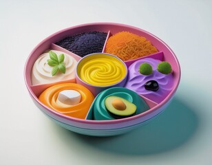 Generation Alpha food menu: a charming isometric of colorful Planet Power Bowl food icons on a white background.