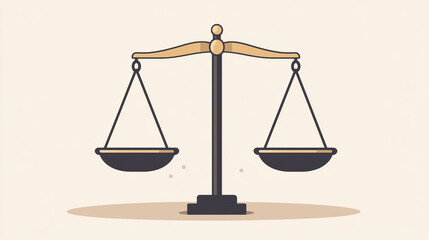 Minimal flat illustration of classic balance scales with symmetric black pans suspended on a beige background. Concept of fairness, justice and legal equality.