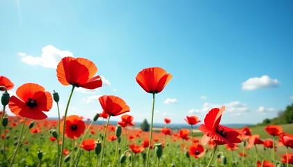 Obraz premium Vibrant red poppies dancing in the wind under clear blue skies, vibrant, nature, blooming