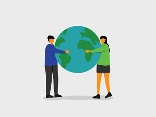 Two people hugging the Earth, symbolizing love, unity, and care for the planet