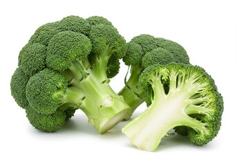 A close up view of several fresh green broccoli florets on a white background in a studio setting