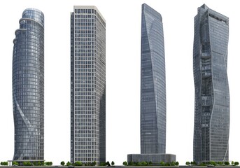 Naklejka premium Four modern skyscrapers with unique designs standing against a white isolated background view shot