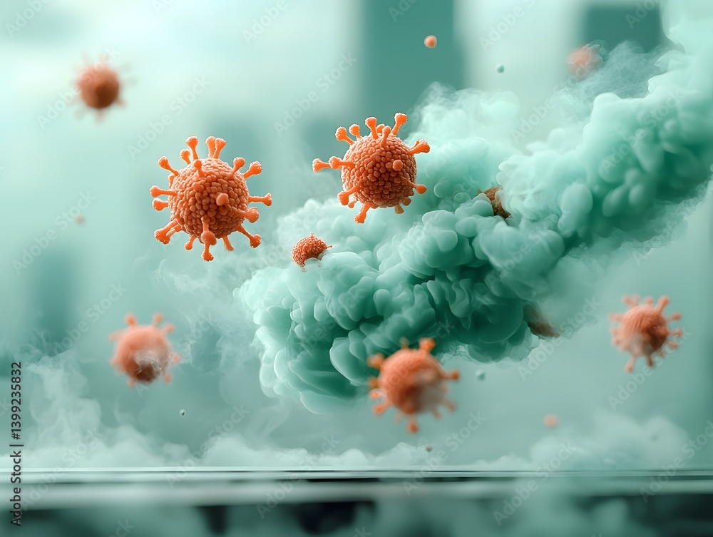 Poster captivating floating virus particles amid billowing fabric and surreal molecular structures a futuri
