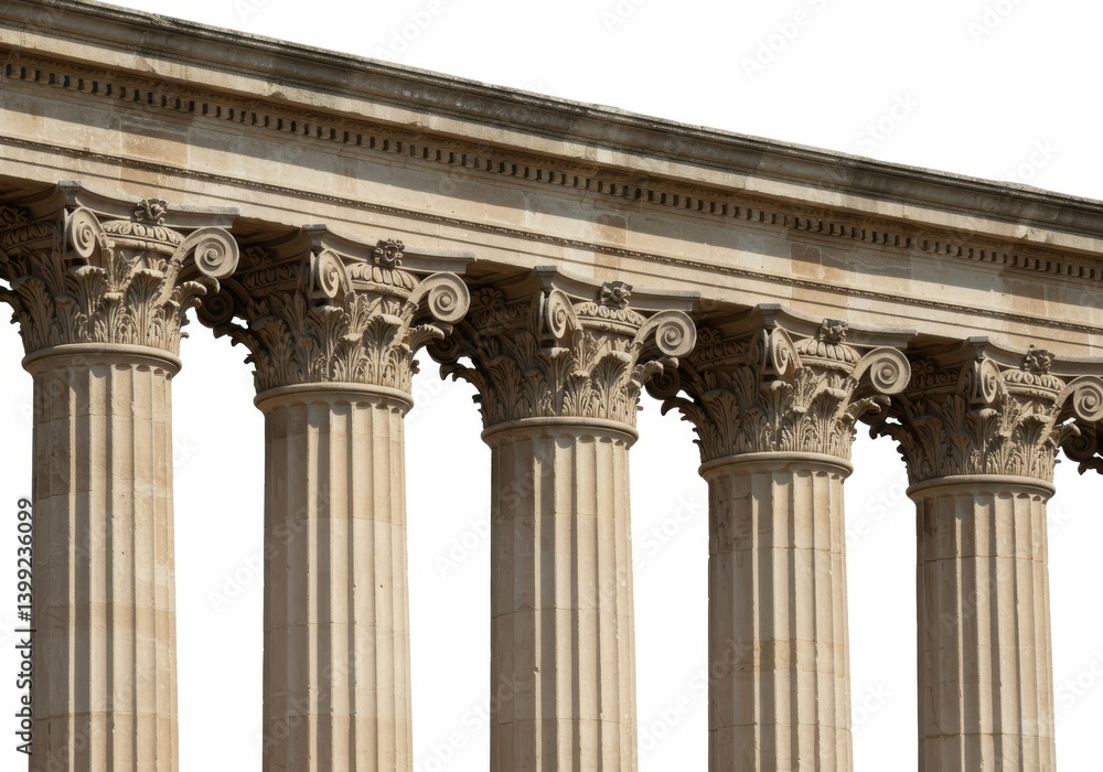 Poster a close up view of several corinthian columns with detailed carvings against a white background