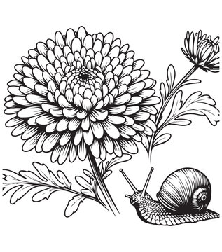 recommend clip art: Coloring book aster flower & snail Detailed line art for coloring. Garden scene with a blooming flower and a friendly snail.