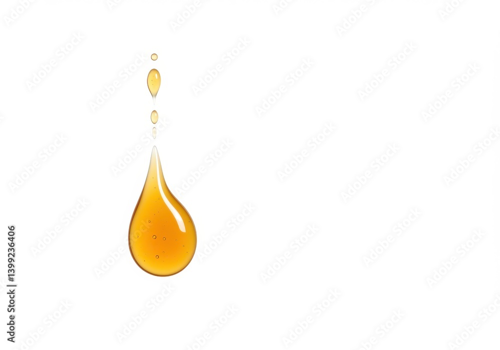 Poster a single drop of golden liquid falling with smaller droplets above on a white background studio shot