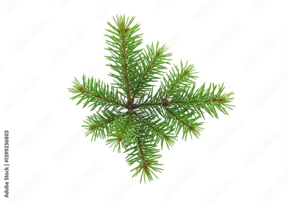 Poster close up of a small green spruce branch isolated on a plain white background studio shot simple view