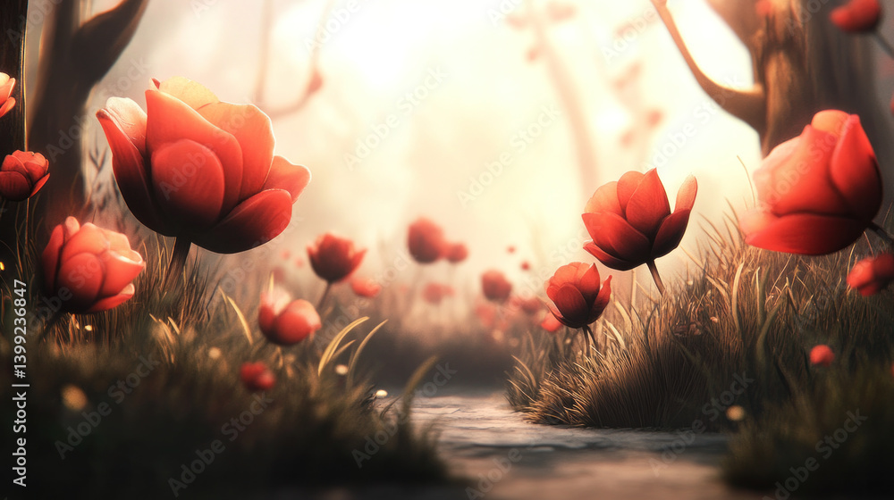 Aufkleber a field of red flowers with a path running through it. the flowers are scattered throughout the fiel