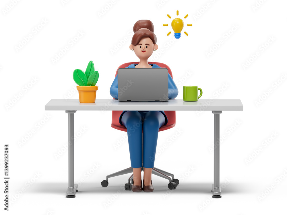 Poster a woman sits at a desk with a laptop,symbolizing a comfortable and productive work environment. 3d r