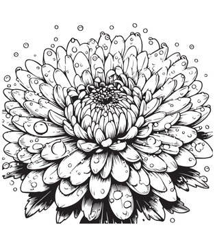 black and white chrysanthemum flower with water drops clip art preview