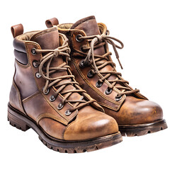 A pair of well-worn, rugged leather boots hinting at countless adventures and journeys past, their aged brown leather telling tales of resilience and exploration against a stark white background.