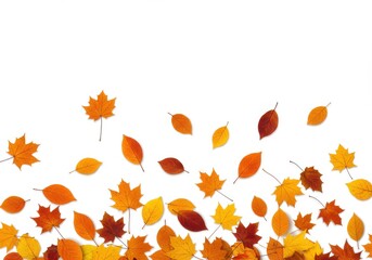 Scattered autumn leaves in shades of orange yellow and red on a clean white background creating a border