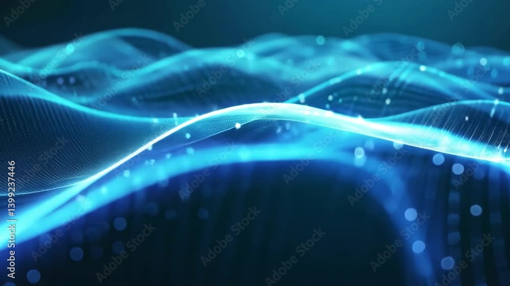 Poster abstract blue waves flowing lines and glowing particles in mesmerizing digital landscape of technolo
